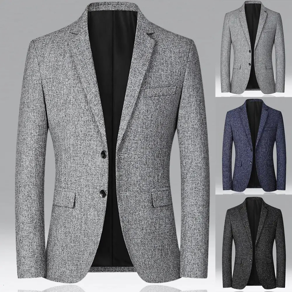 Men Blazer Solid Color Singlebreasted Autumn Winter Lapel Buttons Suit Jacket for Daily Wear 241211