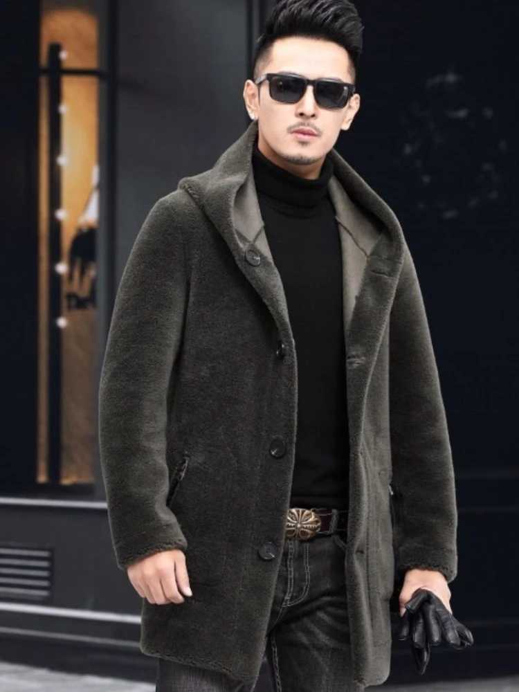 Mens winter long casual thick wool hooded waterproof jacket mens real fur coat retro clothing G436 W241213
