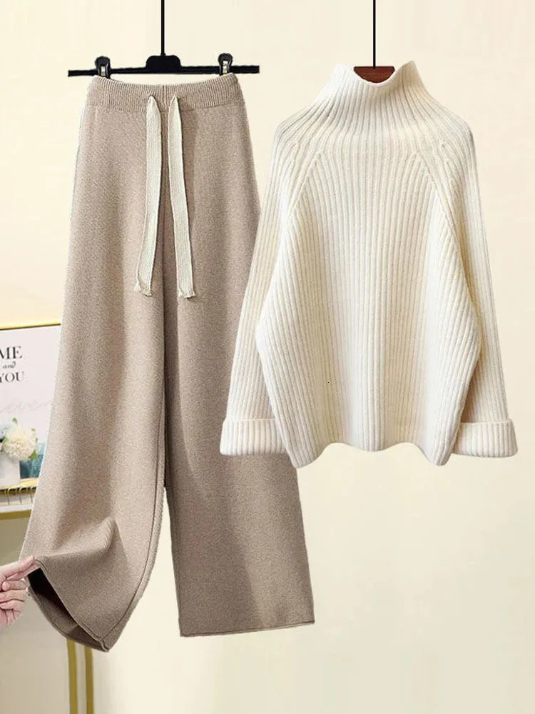 Winter Warm Knitwears Sets For Women Turtleneck Long Sleeve Pullover Sweaterhigh Waist Wide Leg Drawstring Knitted Pants 241203