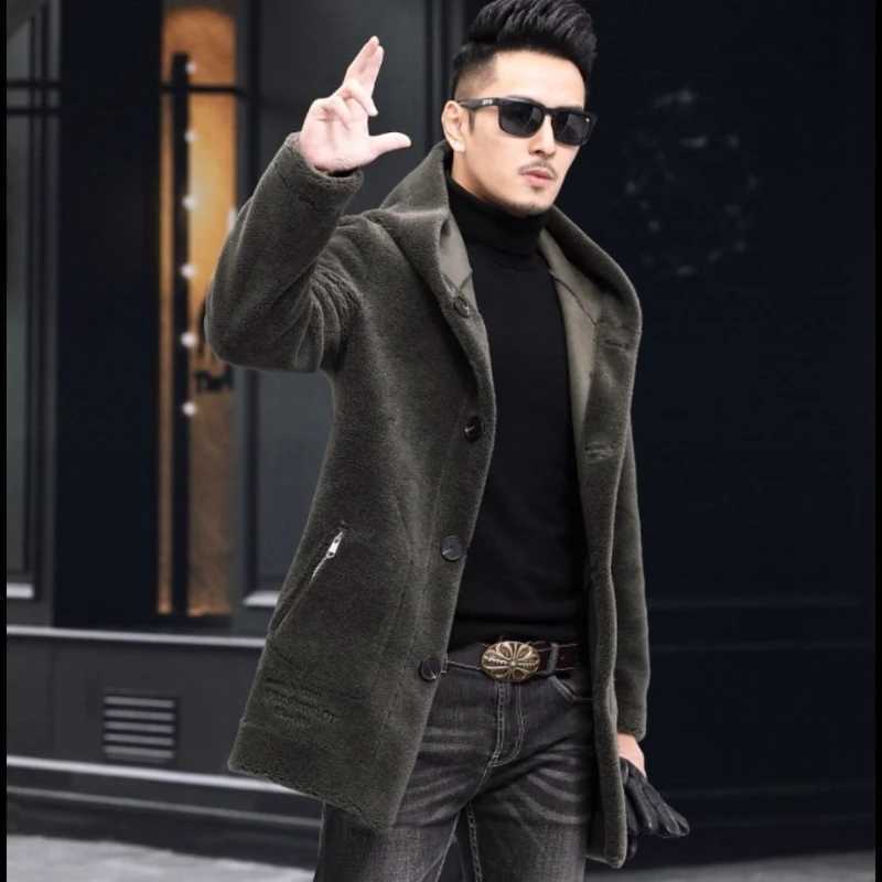 Mens winter long casual thick wool hooded waterproof jacket mens real fur coat retro clothing G436 W241213