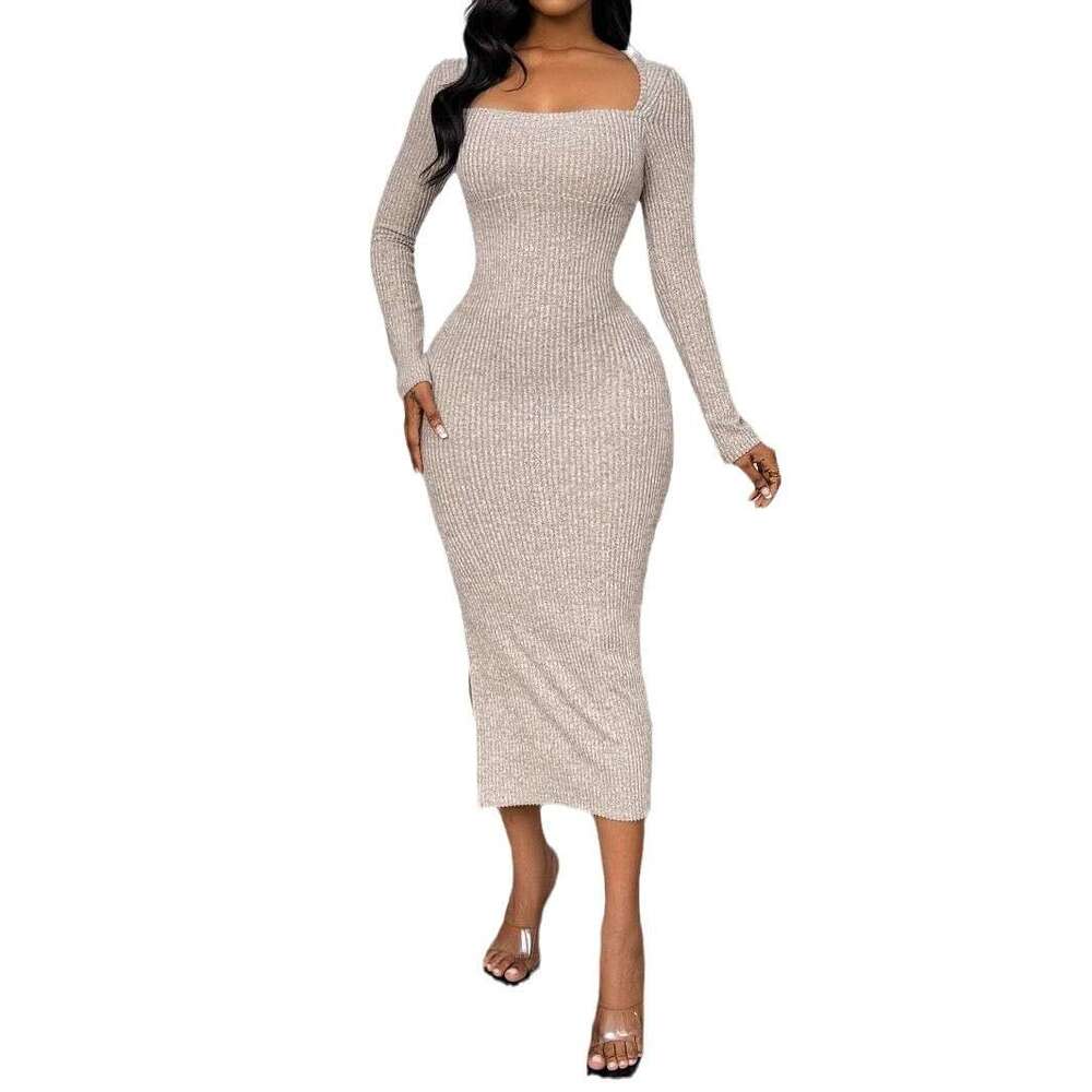 2024 autumn and winter new French square collar waist cinched hem slit sexy long sleeved dress for women
