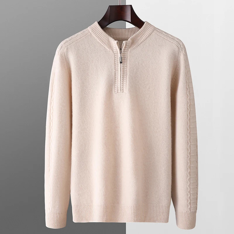Mens Autumn and winter seven stitches 100% pure wool sweater mens thick sleeve flower round neck half zip knit pullover JB086 241213