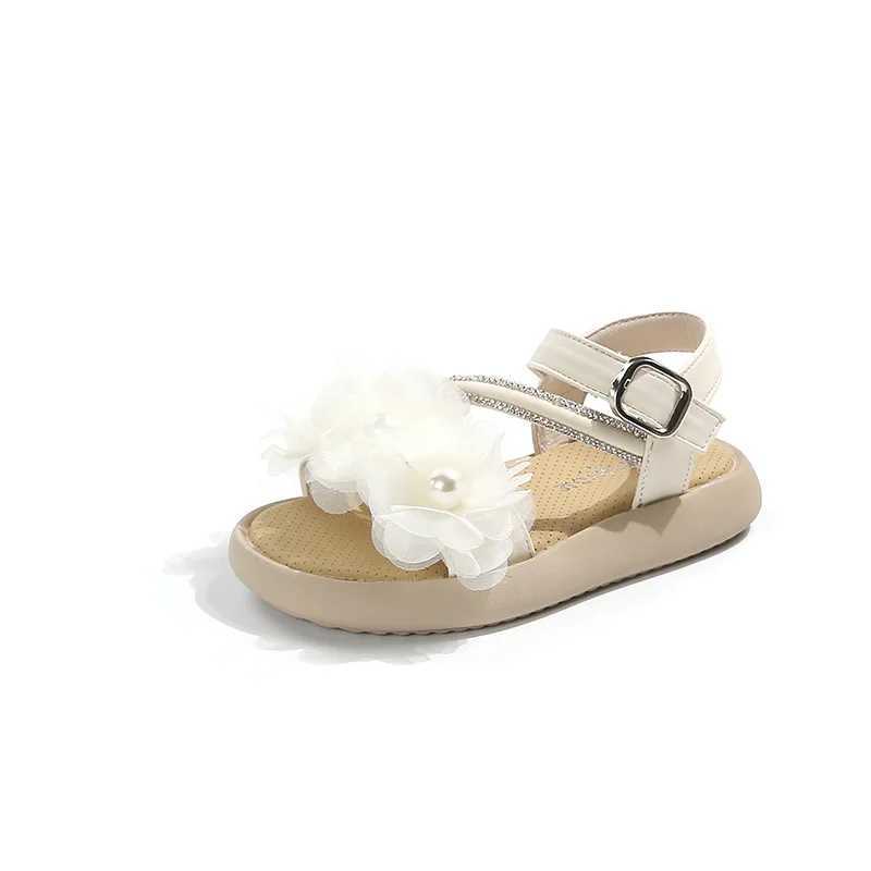 Sandals Childrens Girls Sandals with Tulle Flowers 2024 Chic Princess Shoes for Party Wedding Shows Pearls Open-toe Kids Fashion H05135 H241213