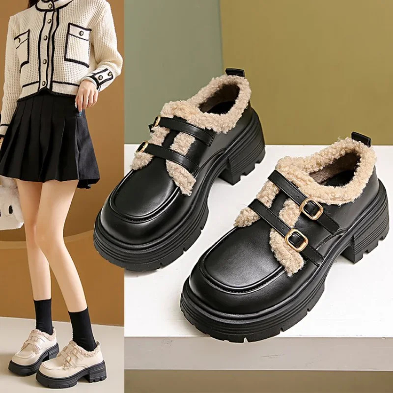 British Style Leather For Girls Winter 2024 Thick Soled Lamb Wool Warm Uniform School Cotton Shoes Plush PU Woman