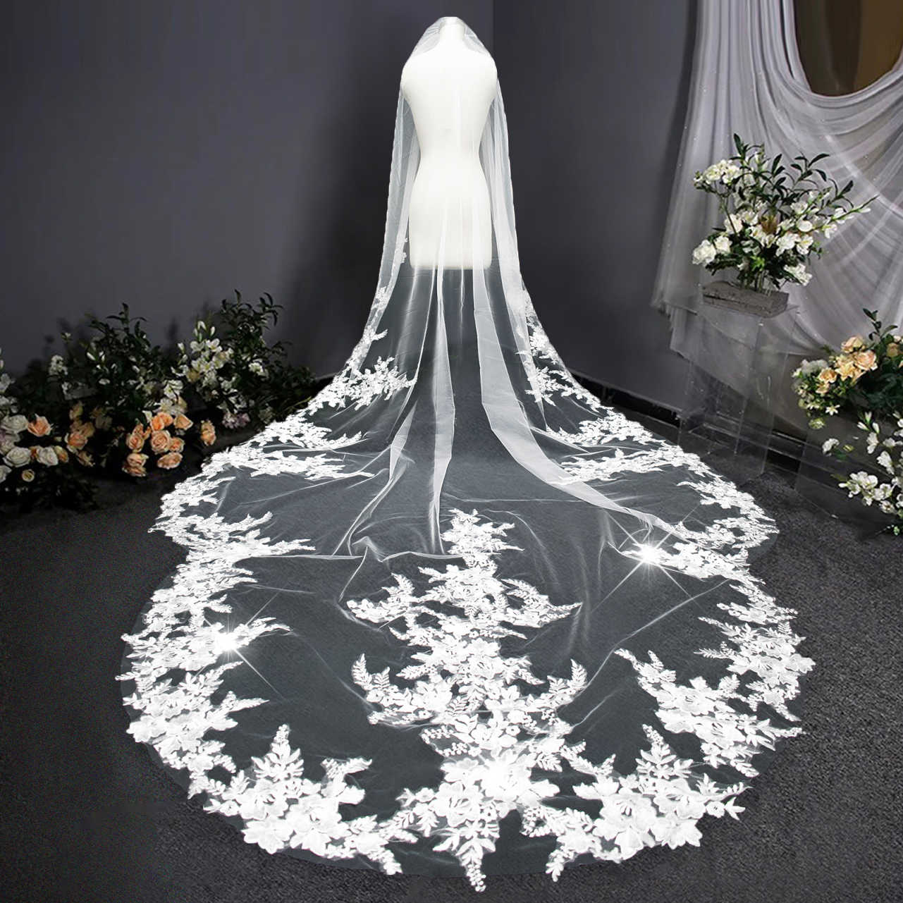 New Fashion 3D Floral Bridal Veils 3M Cathedral Length Long White Ivory Champagne Wedding Veils with Combs Tulle and Lace Appliques