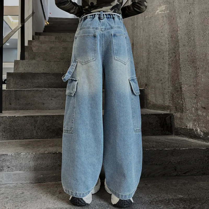 Cargo Jeans for Girls Spring Autumn Loose Casual Elastic Waist Teenage Children Wide Leg Pants Streetwear Kids Trousers 241213