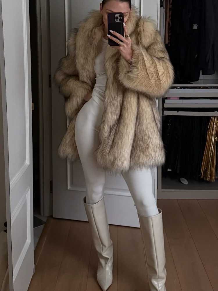 Fashion gradient lapel cut faux fur coat for womens fashion long Slve short thick jacket winter new style womens premium coat X241214