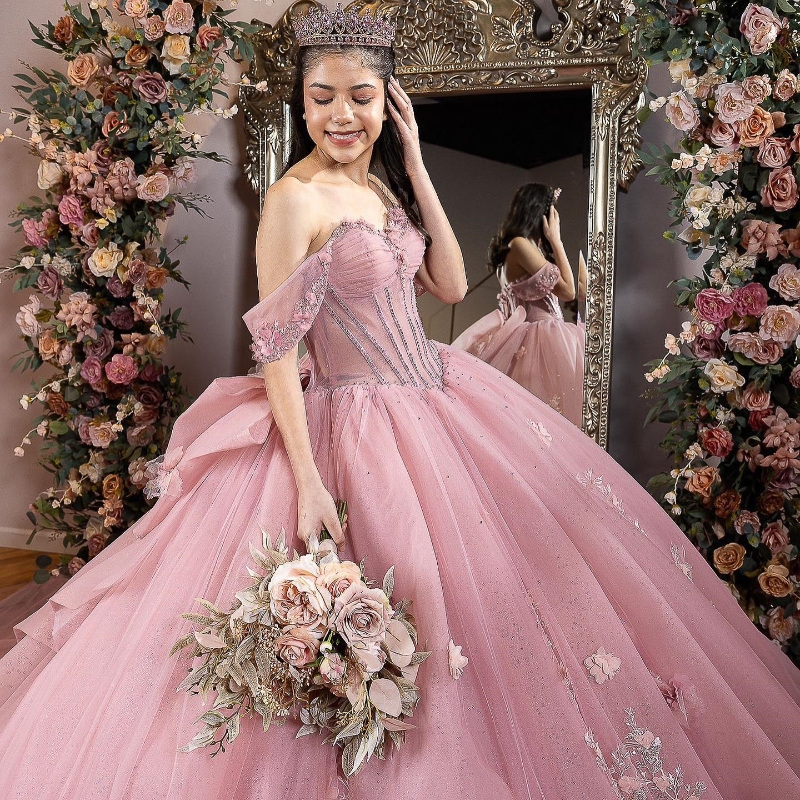 Pink Shiny Quinceanera Dresses Ball Gown Off The Shoulder Appliques Lace Flower Beads Corset Sweet 16 Vestidos 15 De XV Anos