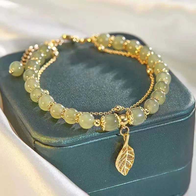 Chinese Style Green Hetian Jade Bracelet For Women Vintage Gold Color Leaves Double Layer Beaded Bracelet Jewelry GiftsXJ241214