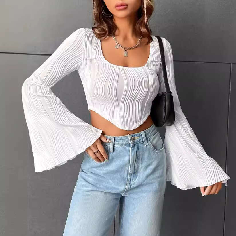 Women's 2024 Summer Thin U-neck Top with Water Wave Pattern, Slim Fit, Exposed Umbilical Speaker Long Sleeve T-shirt for Women