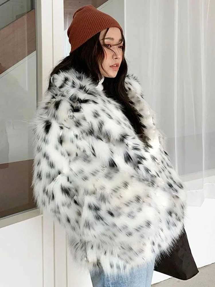 Zadorin winter clothing for women 2024 fashion leopard print collar fluffy faux fur coat for women loose and warm womens jacket X241214