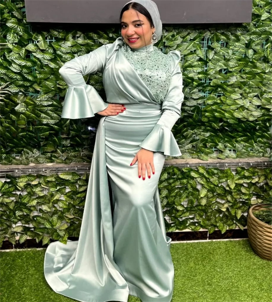 Arabic Dubai Green Evening Dress With Train High Neck Muslim Sequin Prom Dress Long Sleeve Mermaid Formal Birthday Party Customized Robe De Mariage 20