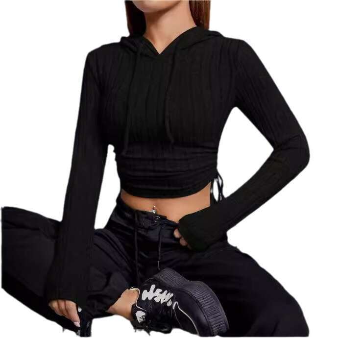 European and American women's 2024 spicy girl short drawstring long sleeved T-shirt looks slim with exposed navel hooded sweatshirt