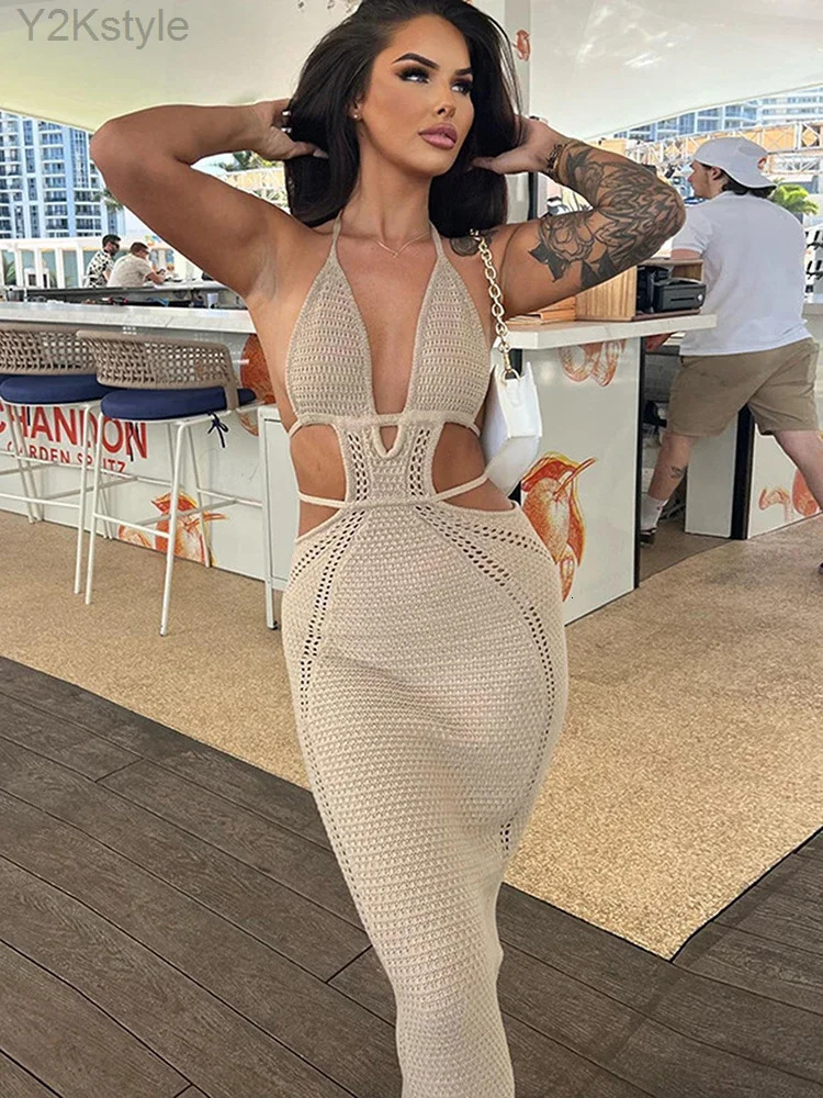 Knitted lace camisole midi dress Bodycon sexy streetwear party club set beach crochet long skirt autumn and winter 241212