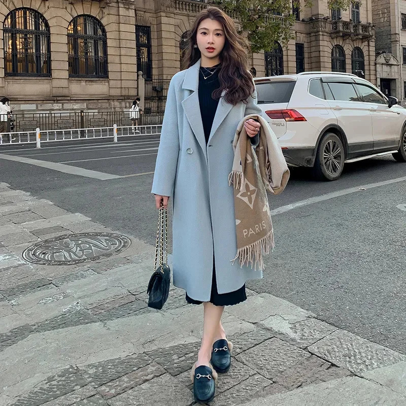 Black Double sided wool Coat Womens Autumn Winter Korean version Loose Lace up Woolen Coats Female Slim Long Overcoat 241214