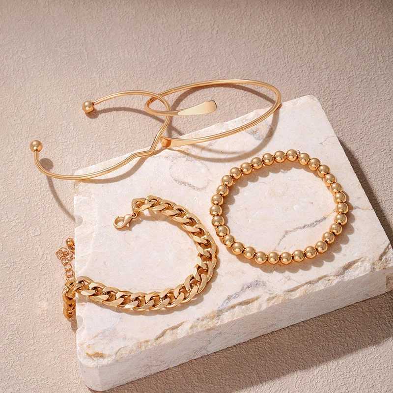 4pcs Punk Cu Cuban Chain Bracelets Set for Women Simple Thick Gold Color Charm Bracelets Fashion Jewelry Accories NewXJ241214