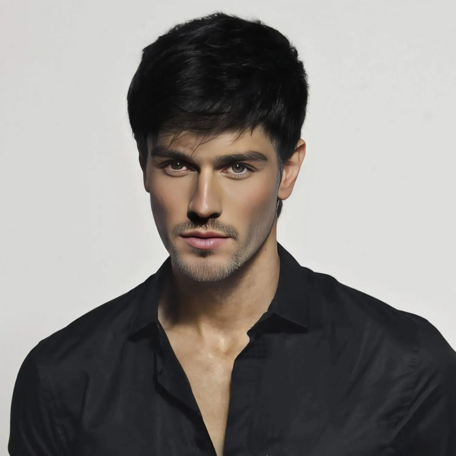 Fashion mens wig diagonal bangs short hair set black fluffy short hair synthetic fiber high temperature silk wig 241213