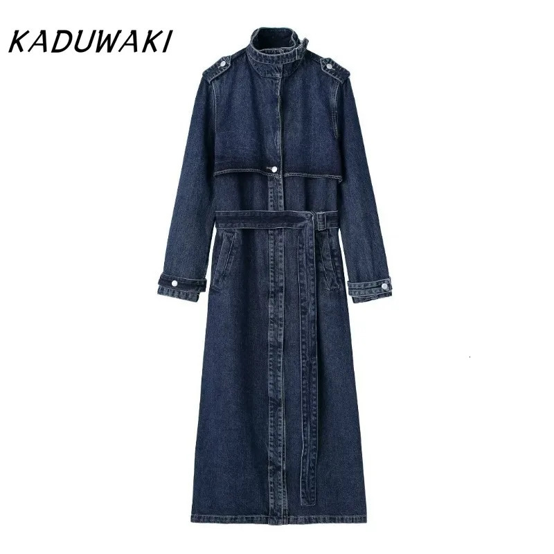 KADUWAK Fashion Retro Collar Long Sleeve Cowboy Trench Coat Trend Splicing Belt Matching 241211