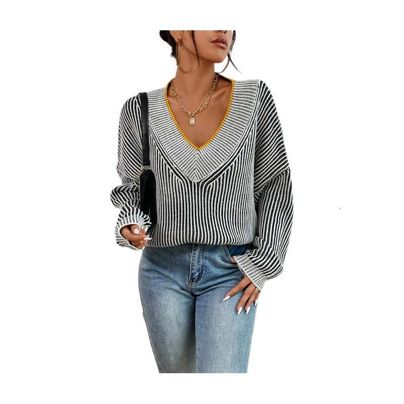 European American autumn and winter V-neck loose fitting slimming bat sleeve striped contrasting pullover sweater top