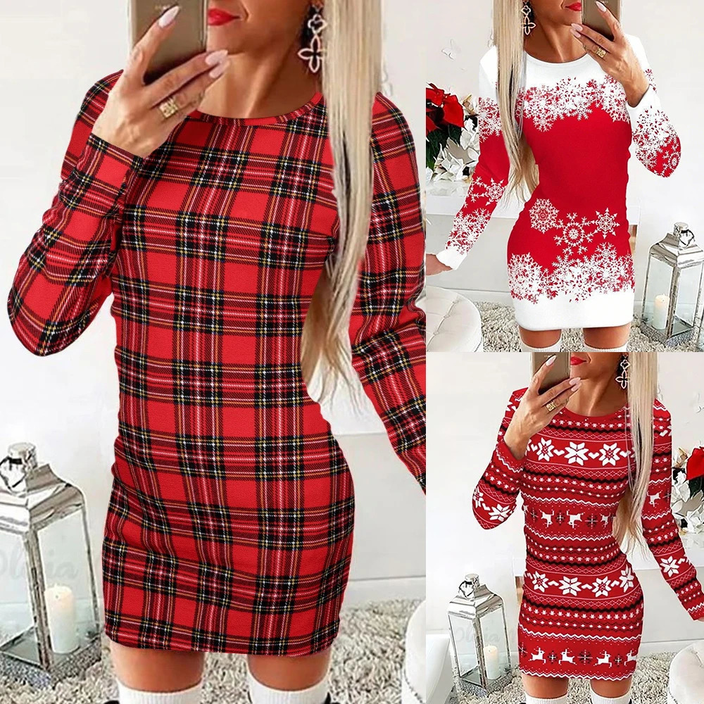 Christmas Knitted Mini Dress Printed Long Sleeve Pullover Party Gowns Clubwear 241212