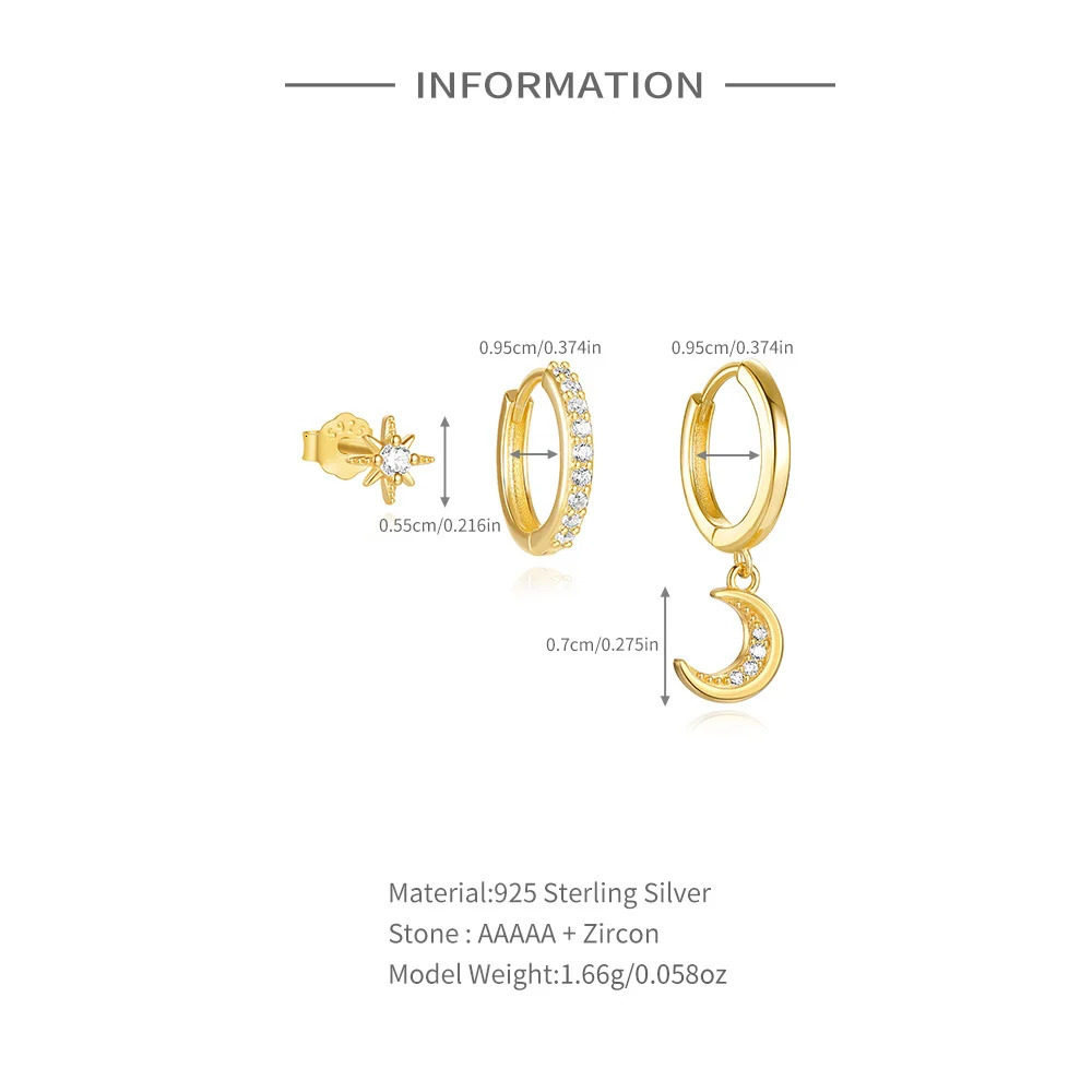 CANNER 3/4pcs/set 925 Sterling Silver Clear Zircon Simple Star Moon Flower Stud Earrings for Women Jewelry Gifts Pendientes 241214