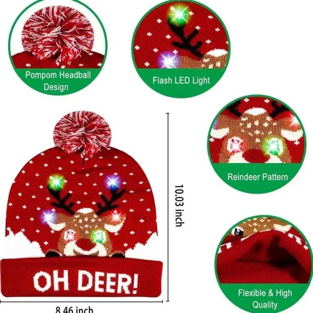 LED Christmas Hat X-mas Flash Light Up Knitted Hat Warm Winter Cap Christmas Gift for Kids/Adults Xmas New Year Feative Hats W241213