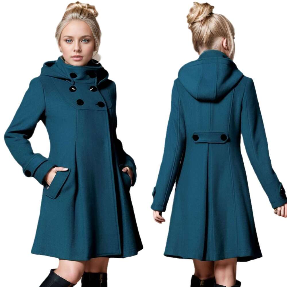 European And American Women's Medium Long Woolen Coat, Hooded Double Breasted Halloween Cloak, Windbreaker For Women