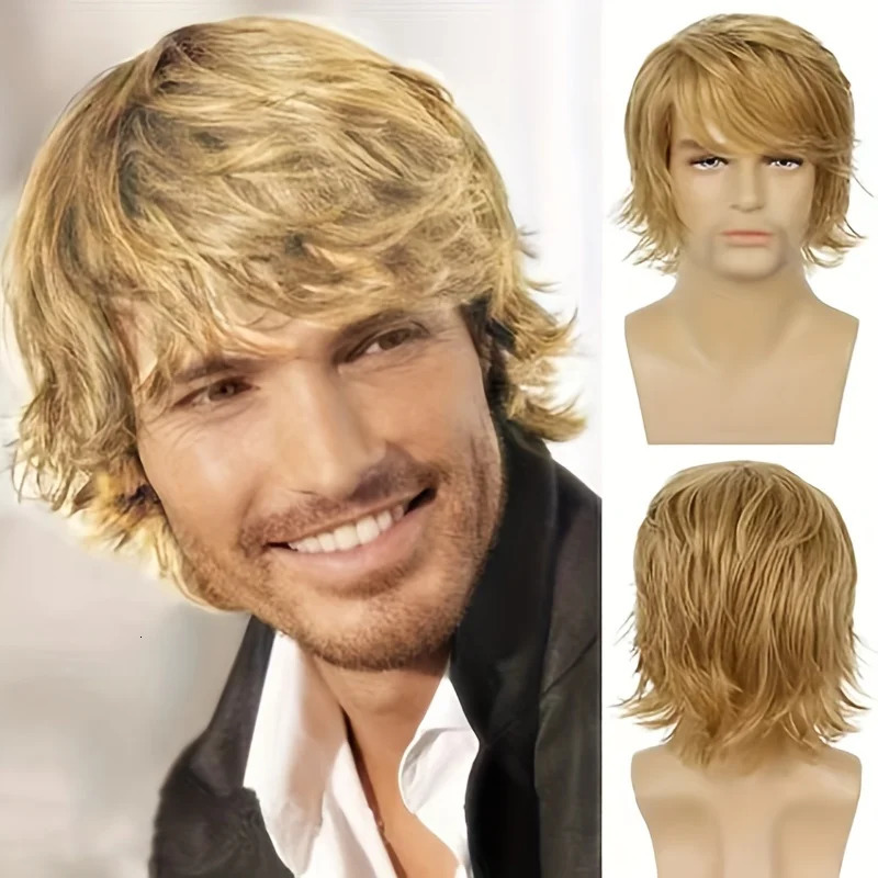 Mens black wig short natural fluffy wig synthetic heat-resistant Halloween role-playing wig 241213