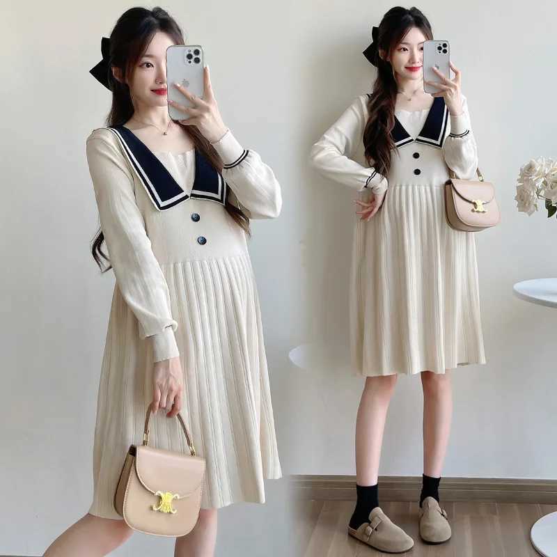Fashion Materni Dress Autumn Winter Sailor Collar Clothes for Pregnant Women Elegance Pregnancy Loose Slimming Knitting DressXJ241213