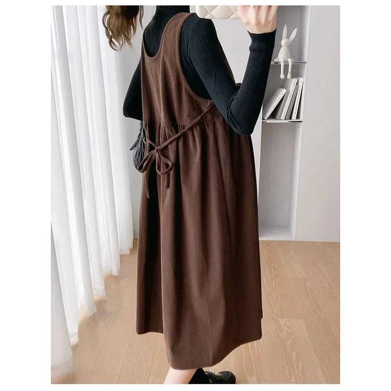 2025 Materni Sundress with Bowknot Sweet Pregnant Woman Corduroy Tank Dress Plus Size Sleeveless Pregnancy DressXJ241213