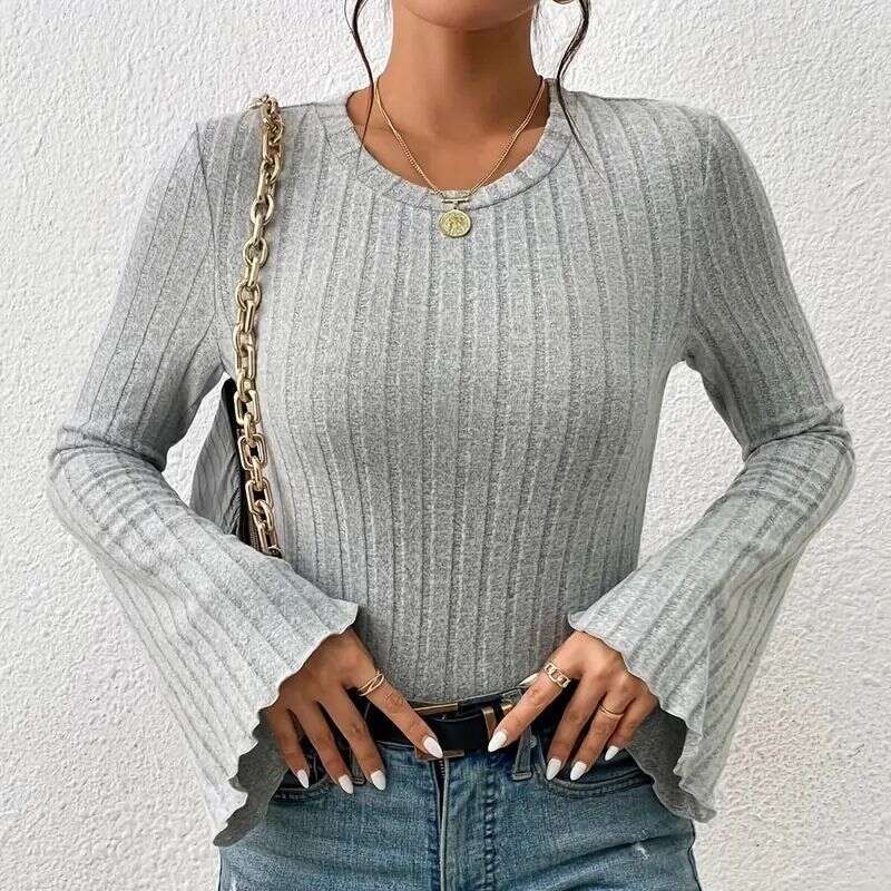European and American new 2023 autumn short flared sleeve long sleeved round neck lapel simple t