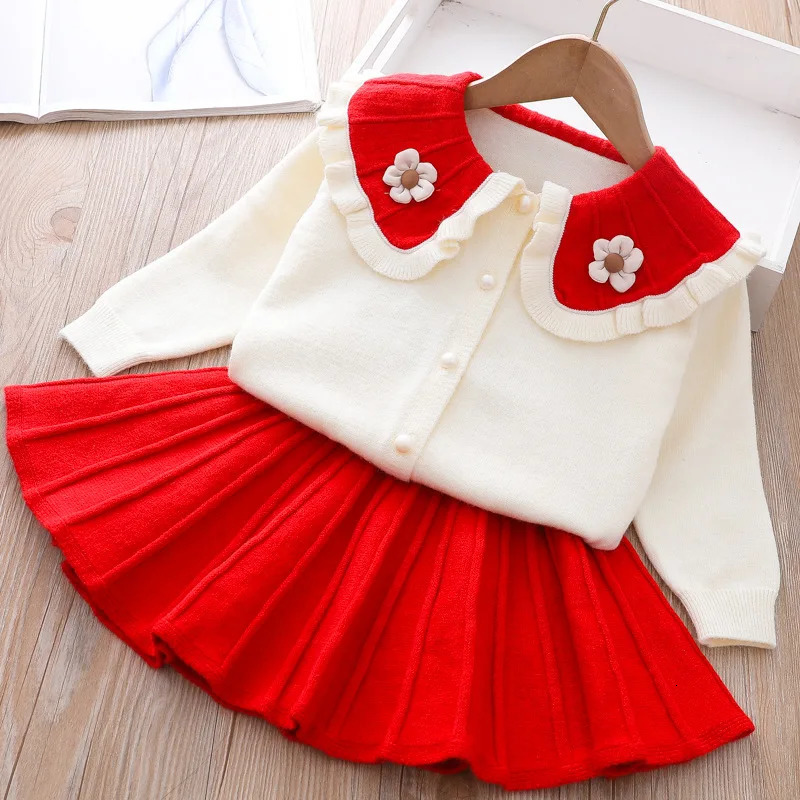 Baby Girls Sweater Set Autumn Winter Tricolor Fruit Sweater Pleated Skirt Two-piece with Free Bag Toddler Girls Knitted Clothes 241213