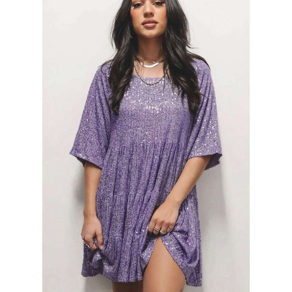 New Solid Color Fashion Sequin Round Neck Loose Waist Short Sleeved For European And American Foreign Trade Banquet Dress