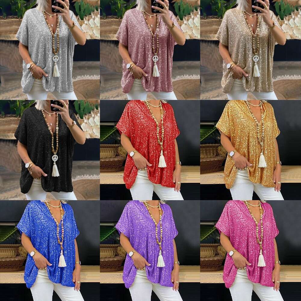 New European And American Short Sleeved Urban Casual Color Loose Fitting Pullover Sequin V-Neck T-Shirt Top For Women