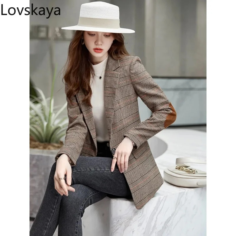 Long Sleeve Single Button Slim Jacket Coat For Autumn Winter Ladies Casual Coffee Plaid Blazer Women 241209