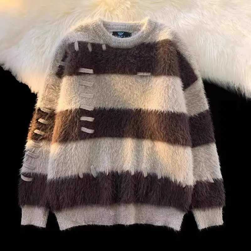 American soft mink mens sweater loose and lazy design high street striped contrast knit sweater fashionable W241213