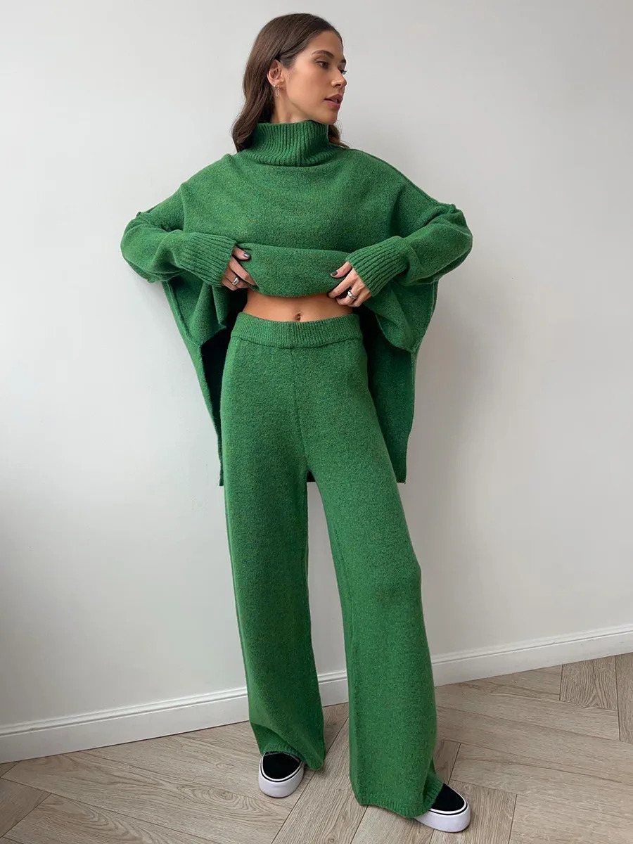 LMY 2025 autumn winter turtleneck sweater set womens loose casual lazy thickened knitted trousers suit 241203