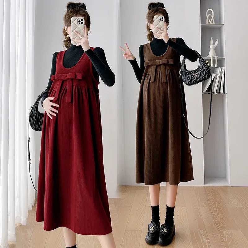 2025 Materni Sundress with Bowknot Sweet Pregnant Woman Corduroy Tank Dress Plus Size Sleeveless Pregnancy DressXJ241213