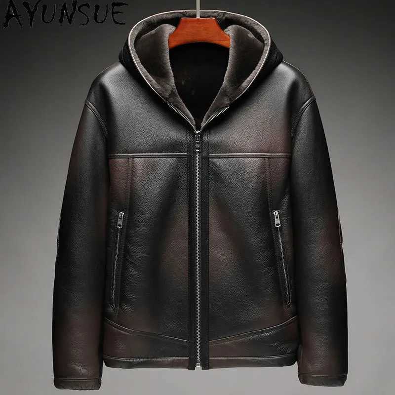 AYUNSUE mens fur coat luxury leather jacket mens winter clothing casual warm natural sheepskin coat hooded W241213