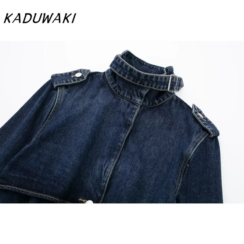 KADUWAK Fashion Retro Collar Long Sleeve Cowboy Trench Coat Trend Splicing Belt Matching 241211