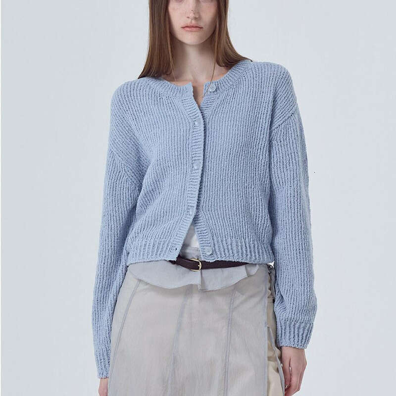 2025 new European and American women's long sleeved round neck button solid color sweater knitted cardigan top for women