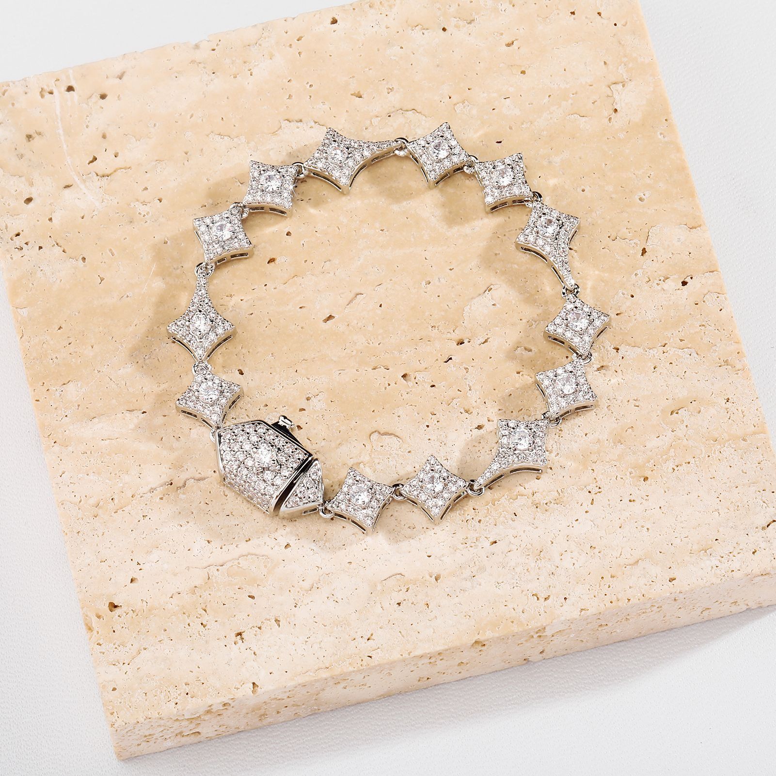 Prong Sparkly Cubic Zirconia Four Pointed Star Spring Buckle Bracelet Necklace Match Set Hip Hop Rapper Iced Out Full Crystal Bijoux Pulsera Collar Wo