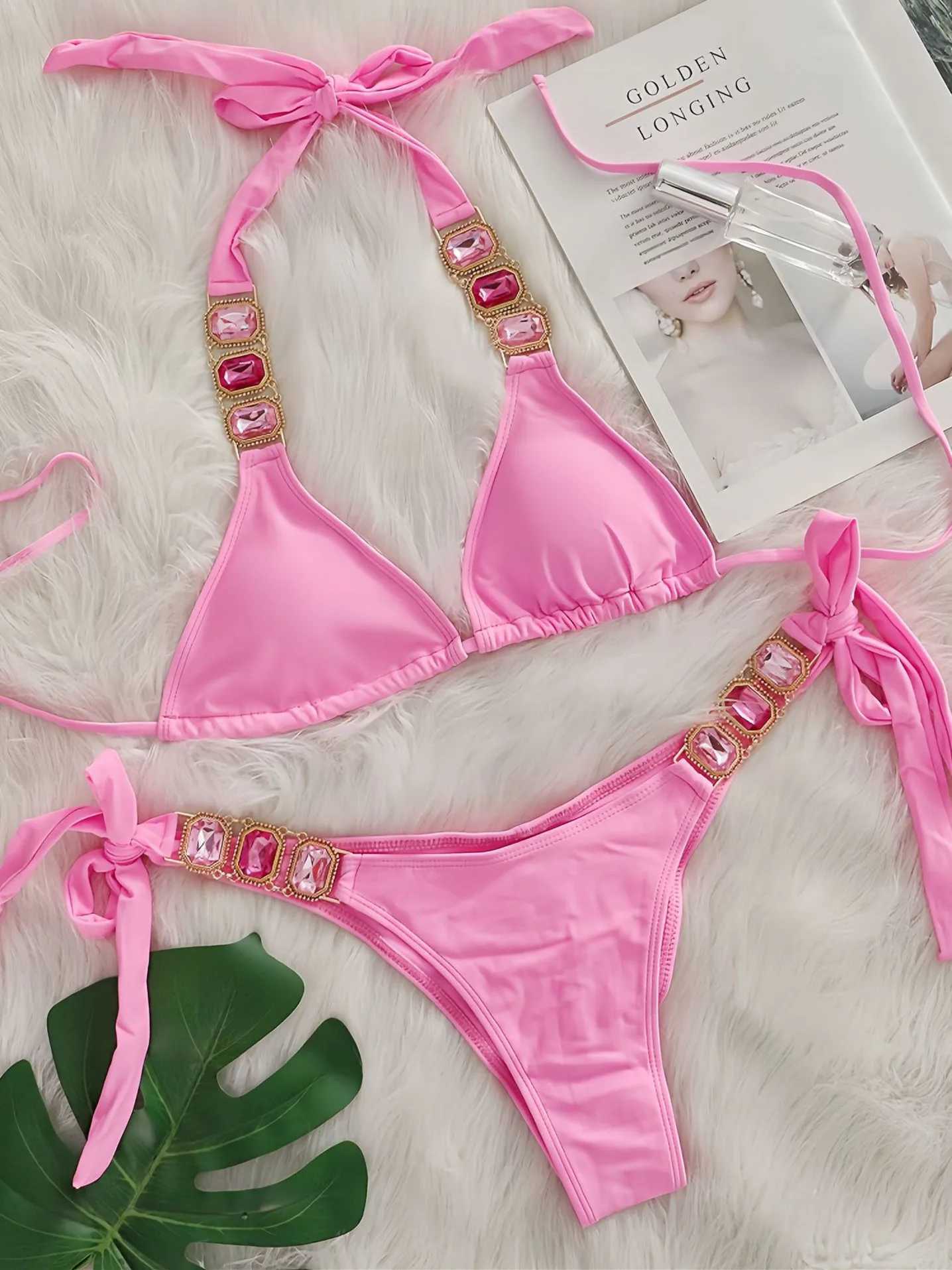 Swimwear Femminile Sexy Rhie Bikini Set For Women 2025 Pink Crystal Dia Dia Ban…