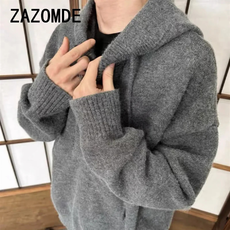 ZAZOMDE Men Autumn Buttons Hooded Sweater Tops Mens Oversize Loose Knitted Male Solid Color Warm Knitwear Hoody 241213