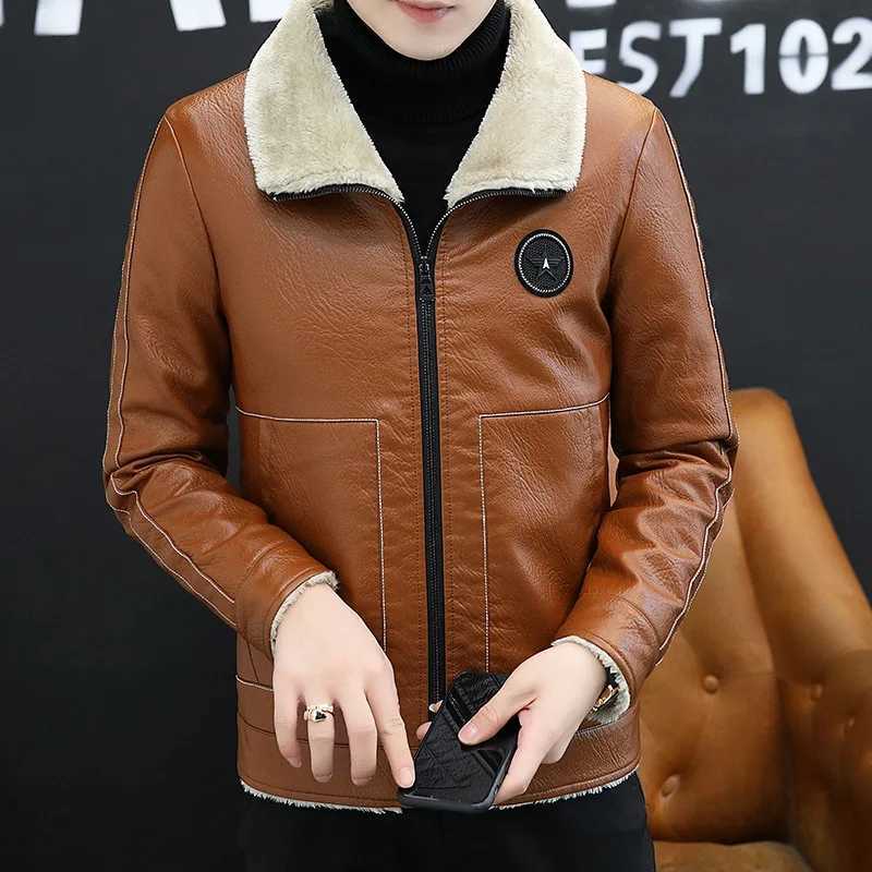 Winter mens casual collar plush warm leather jacket ultra-thin lightweight motorcycle leather jacket large-sized fur integrated PU jacket W241213