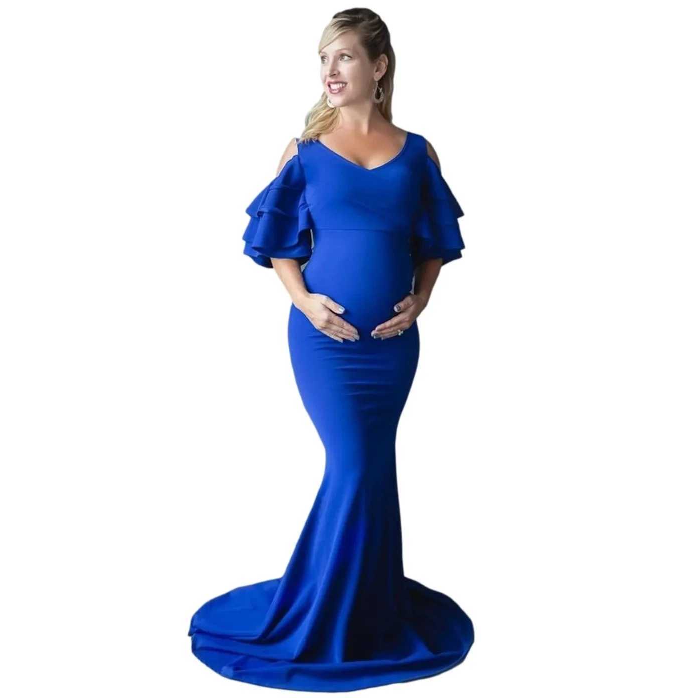 Materni Dresses for Photoshoot Women Mermaid Elastic Photography Gown Cold Shoulder Ruffle Sleeves Wedding Baby Shower DressXJ241213