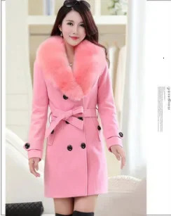 Mid Length Wool Coats Women Fur Collar Splice Blends Korean Full Sleeve Double Breasted Lace Up Belt Thick Warm Winter Jackets 241214