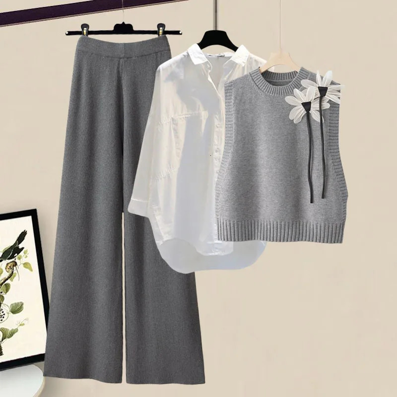 Autumn Winter Knitted 3 Pieces Set Office Ladies Elegant Vestwhite Shirtswide Leg Pants Sets For Women Clothing 2024 241203
