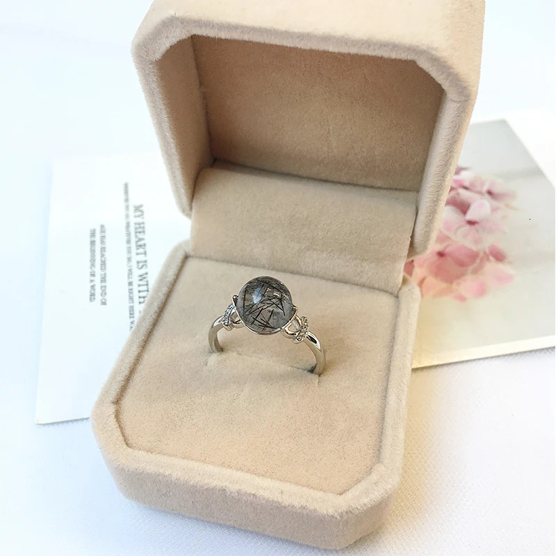 Natural Black Tourmaline Adjustable Sterling silver Ring Black Rutilated Quartz Women Fashion Finger Ring Healing Jewelry gift 241214