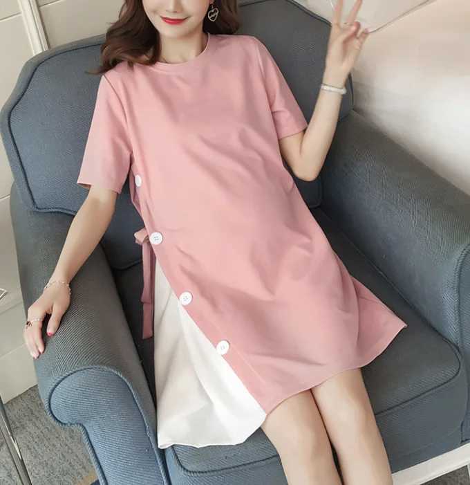 Materni Dress Spring and Summer Short-sleeved Skirt Materni Skirt T-shirt Pregnancy Clothes Materni Patchwork Loose DressXJ241213